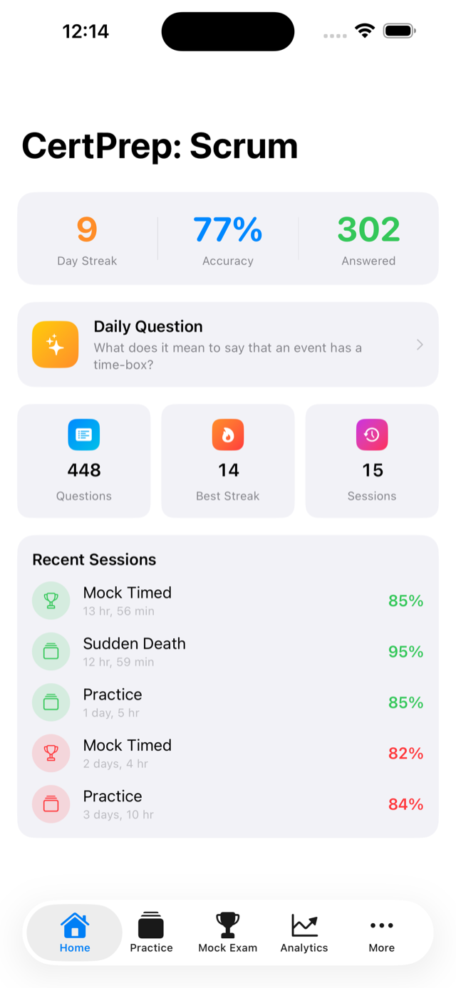 Home screen of CertPrep Scrum Master app