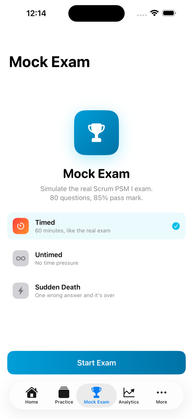 Mock exam screen simulating real PSM I test